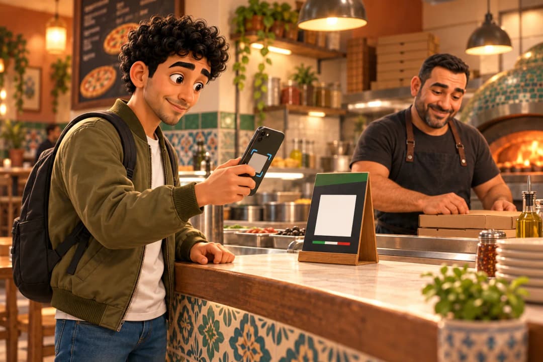 Un étudiant scanne le support QR au comptoir d’une pizzeria pour commander à emporter.