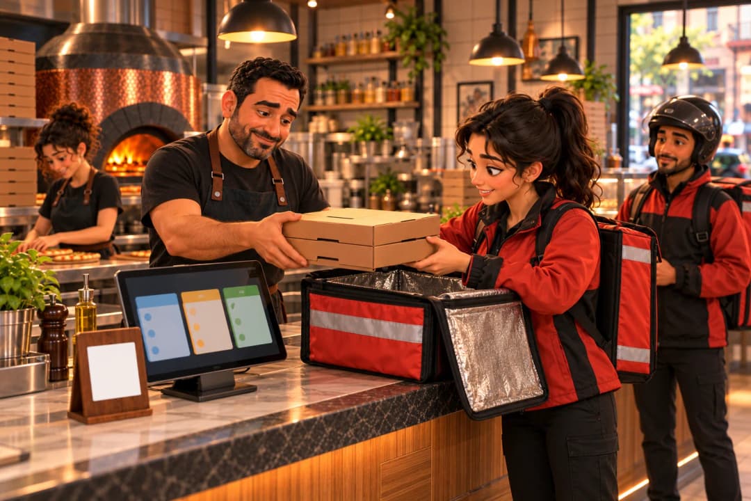 Un restaurateur remet des boîtes de pizzas à une livreuse qui les range dans son sac isotherme.