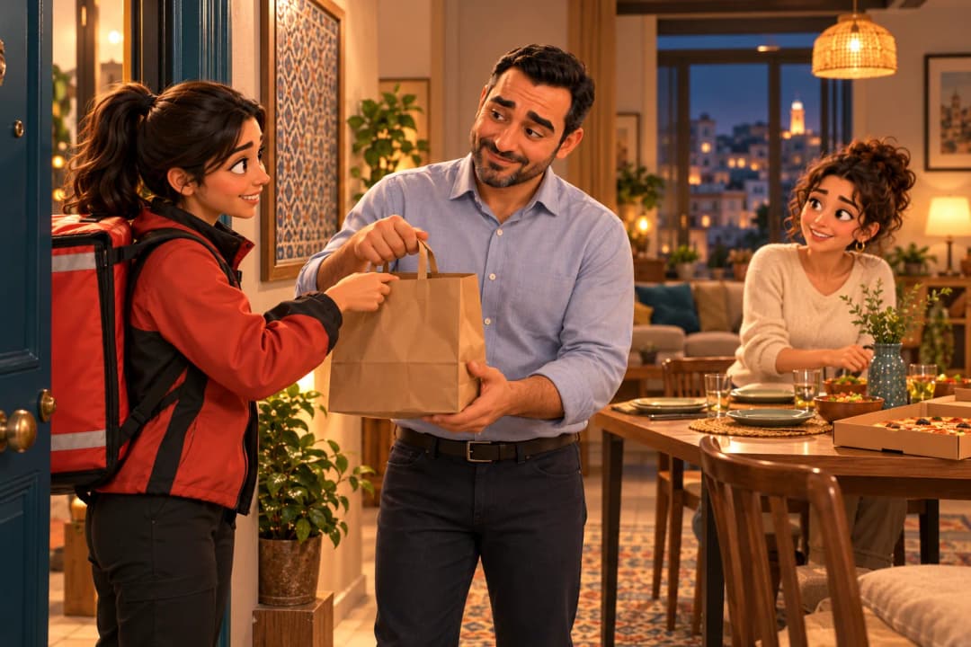 Une livreuse remet un repas à un homme à la porte de son appartement, où l’attend sa compagne.