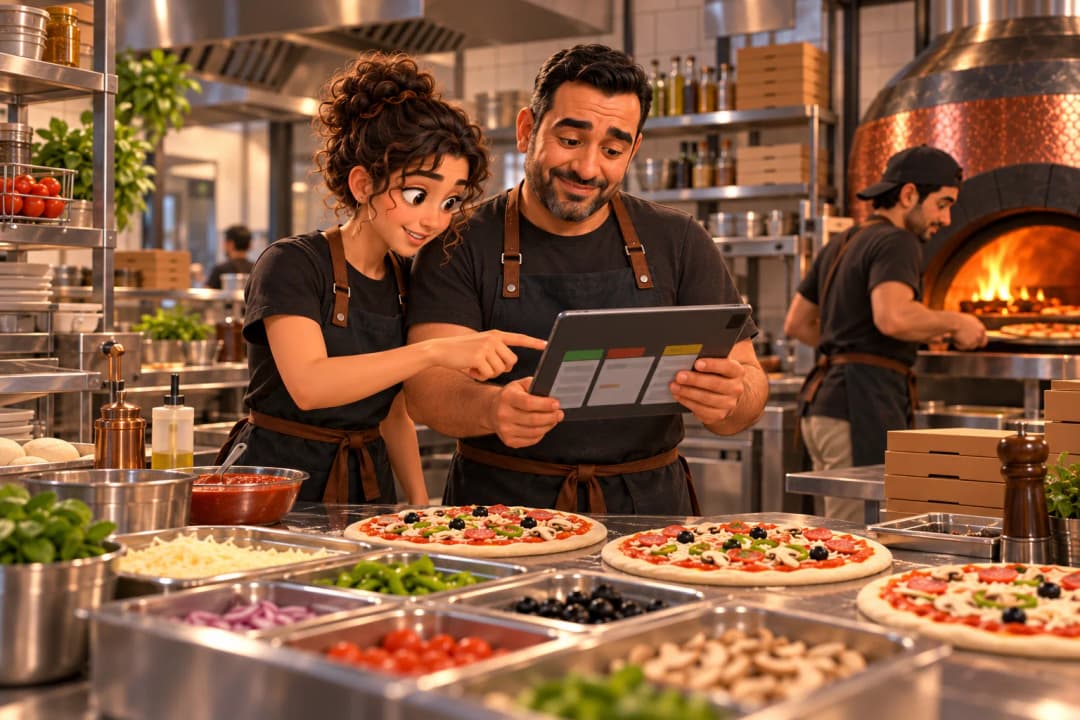 Un restaurateur et un membre de son équipe consultent les commandes sur une tablette et préparent les prochaines pizzas.