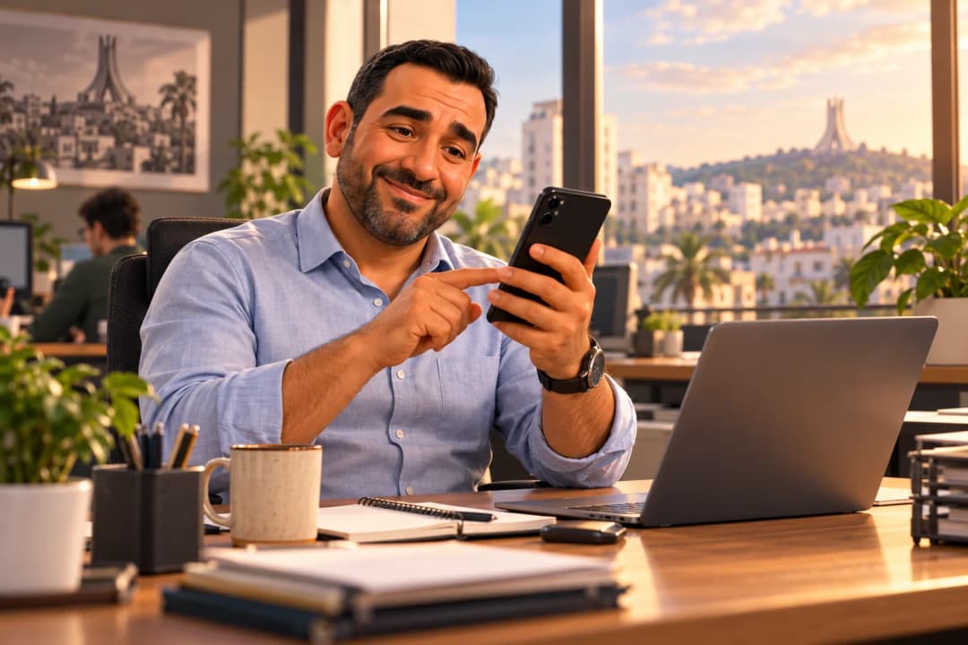Un homme à son bureau programme le retrait de son repas après le travail.
