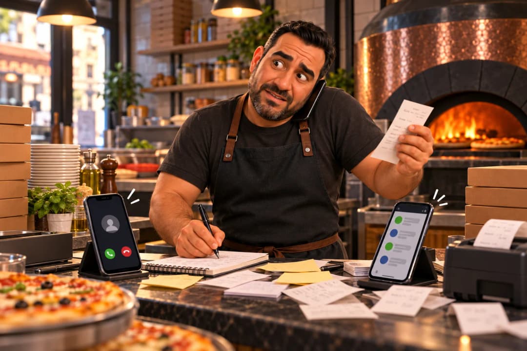 Un restaurateur essaie de gérer plusieurs téléphones et des commandes sur papier au comptoir.