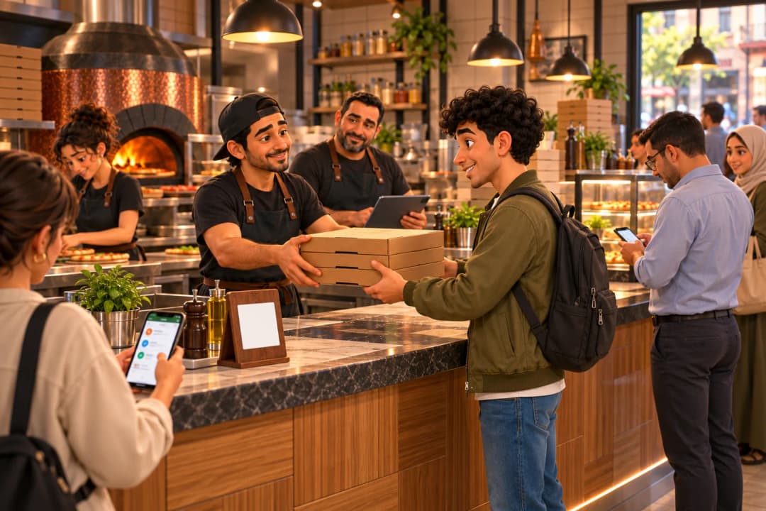 Un étudiant récupère ses boîtes de pizzas à un comptoir organisé pendant qu’un autre client commande sur son téléphone.