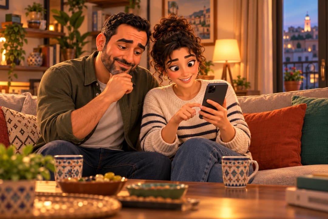 Un couple choisit une table de restaurant sur un téléphone depuis son canapé.
