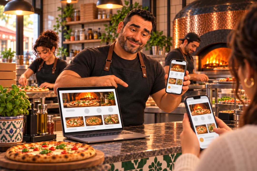 Un restaurateur présente le menu de son établissement sur un ordinateur et un téléphone.