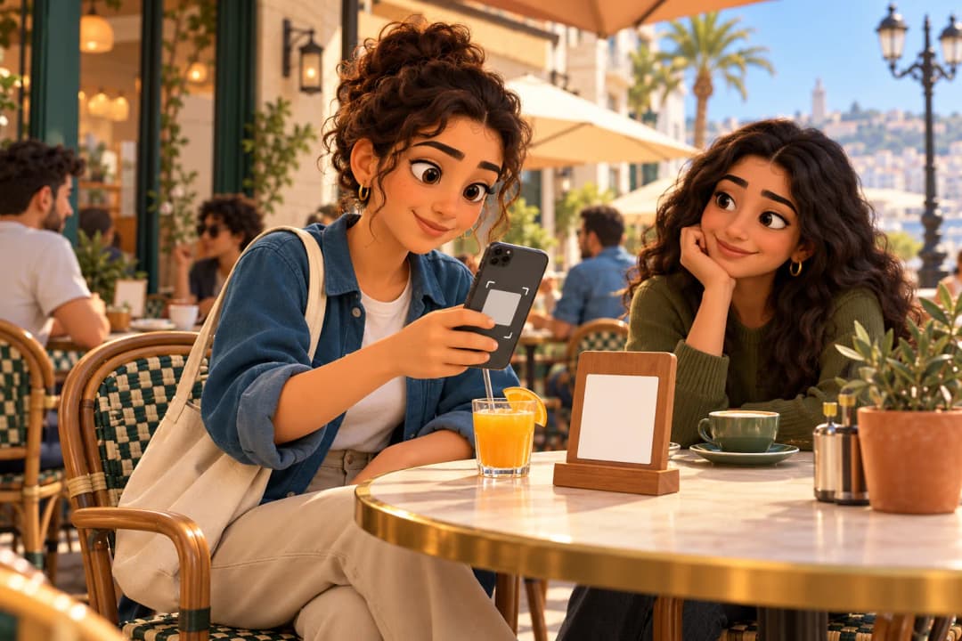 Une étudiante scanne le support QR posé sur sa table à la terrasse d’un café.