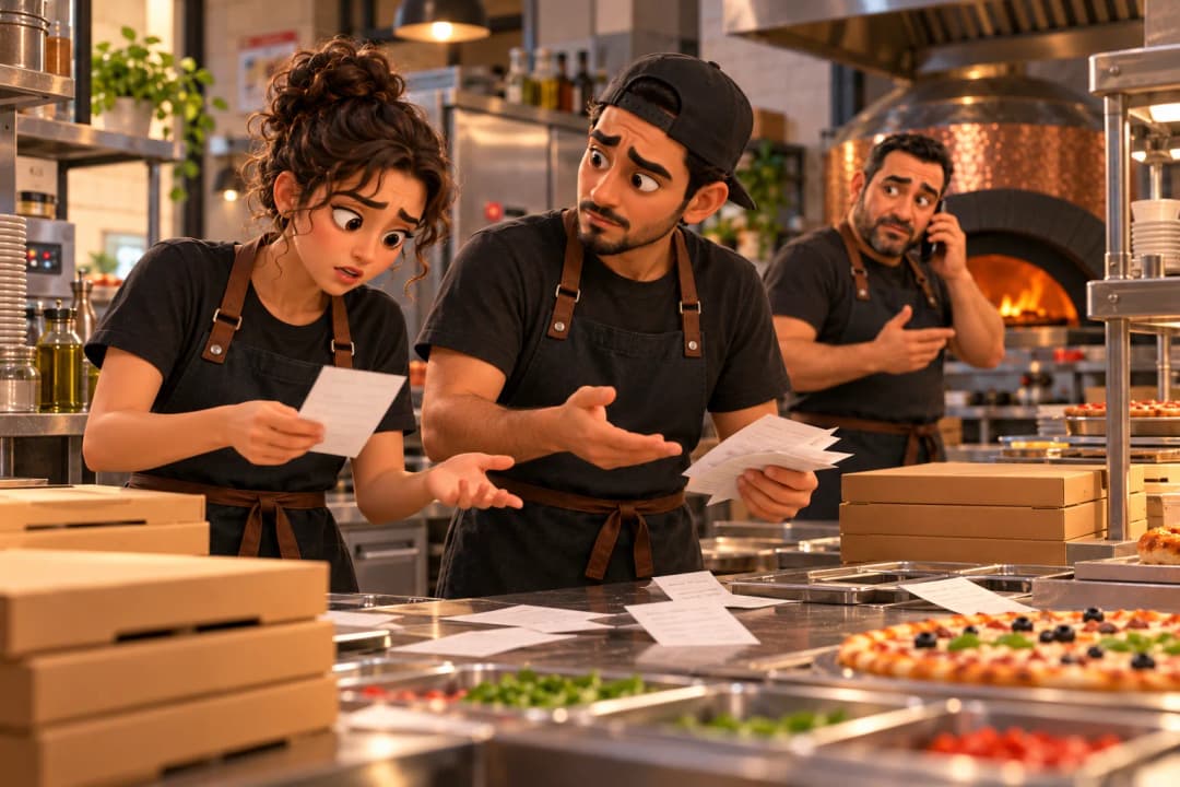 Deux membres d’une équipe en cuisine cherchent des précisions parmi des tickets et des boîtes de pizzas.