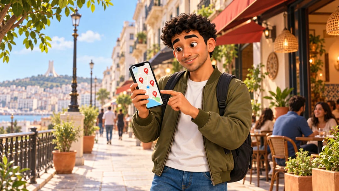 Un étudiant découvre les restaurants autour de lui sur la carte de son téléphone, dans une rue algérienne.