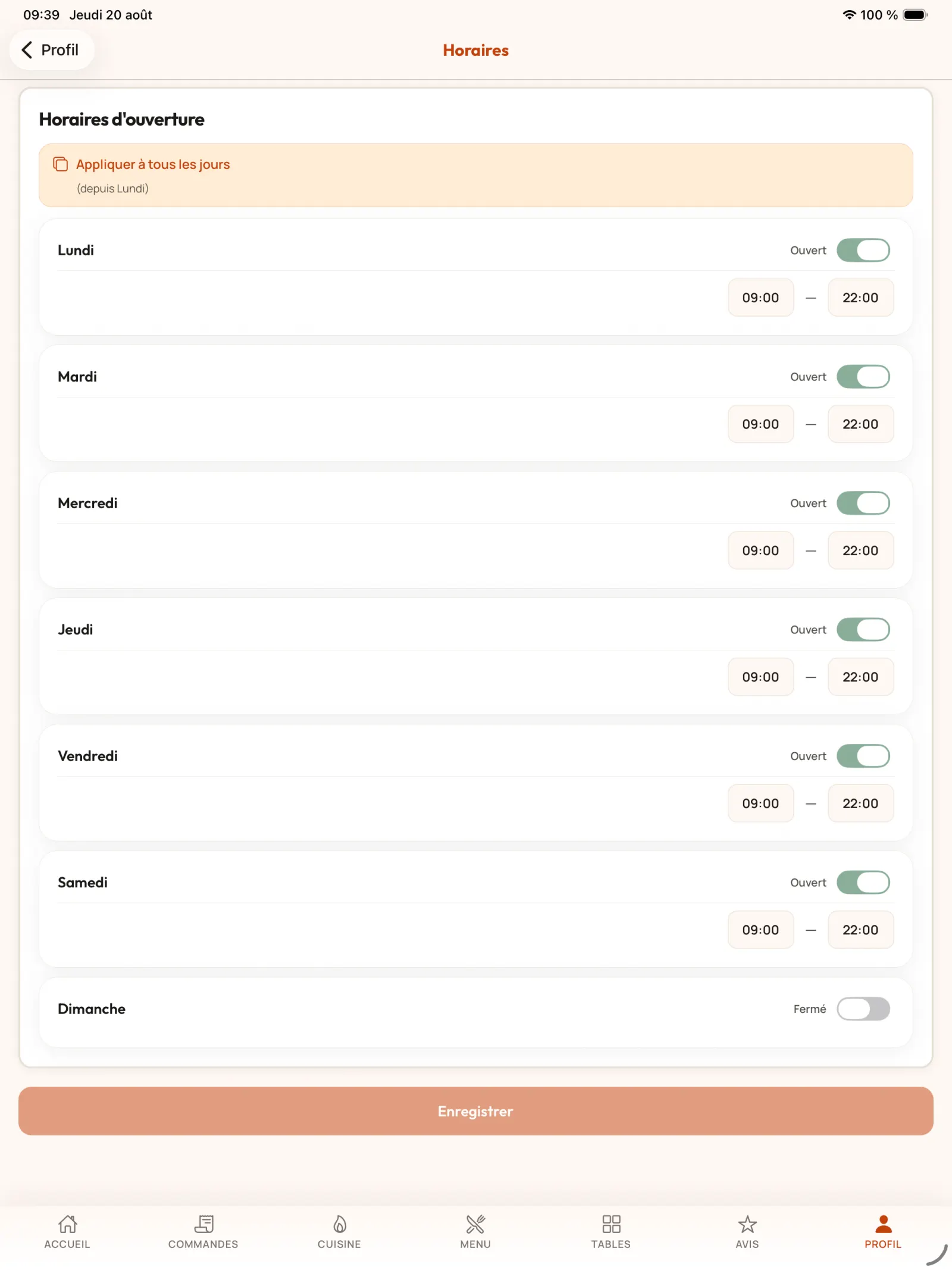 Renseigner les horaires d’ouverture dans KoulChi Pro.