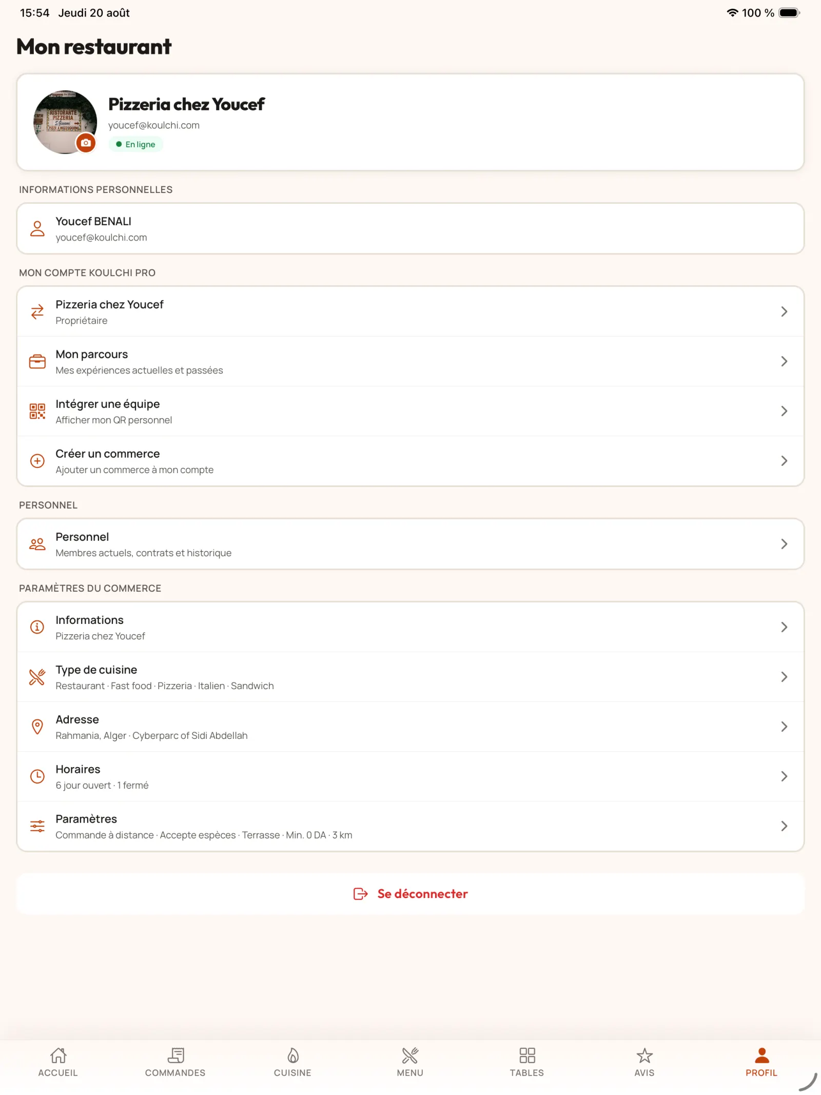Ouvrir la gestion du personnel dans KoulChi Pro.