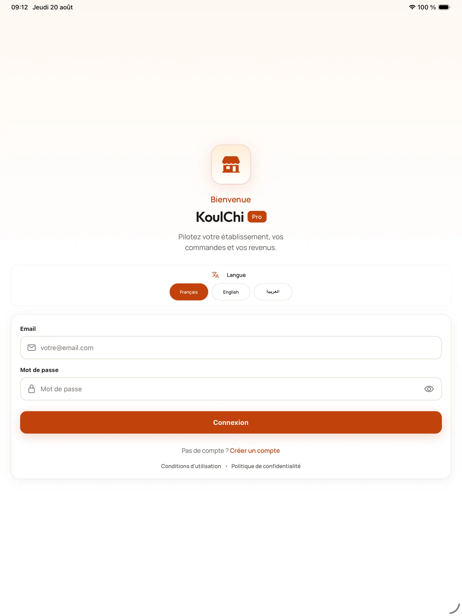 Accéder à la création de compte dans KoulChi Pro.