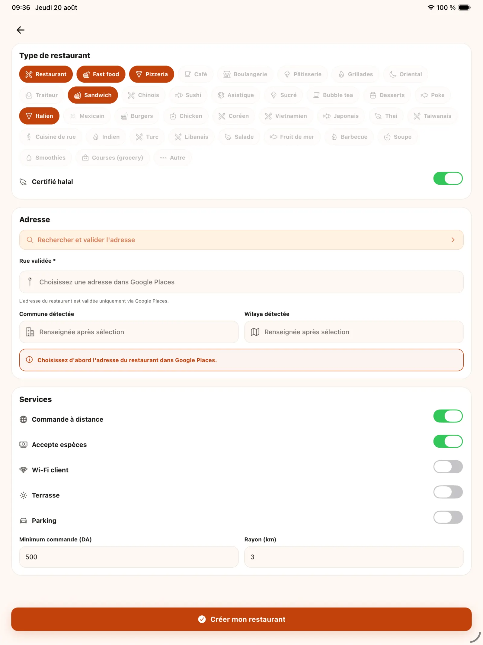 Définir l’adresse et les services dans KoulChi Pro.