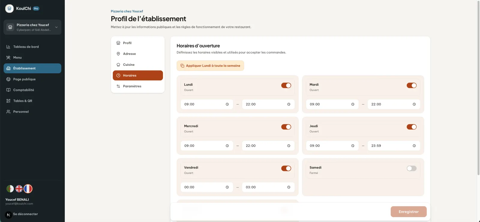 Modifier les horaires sur le web dans l’espace web KoulChi Pro.