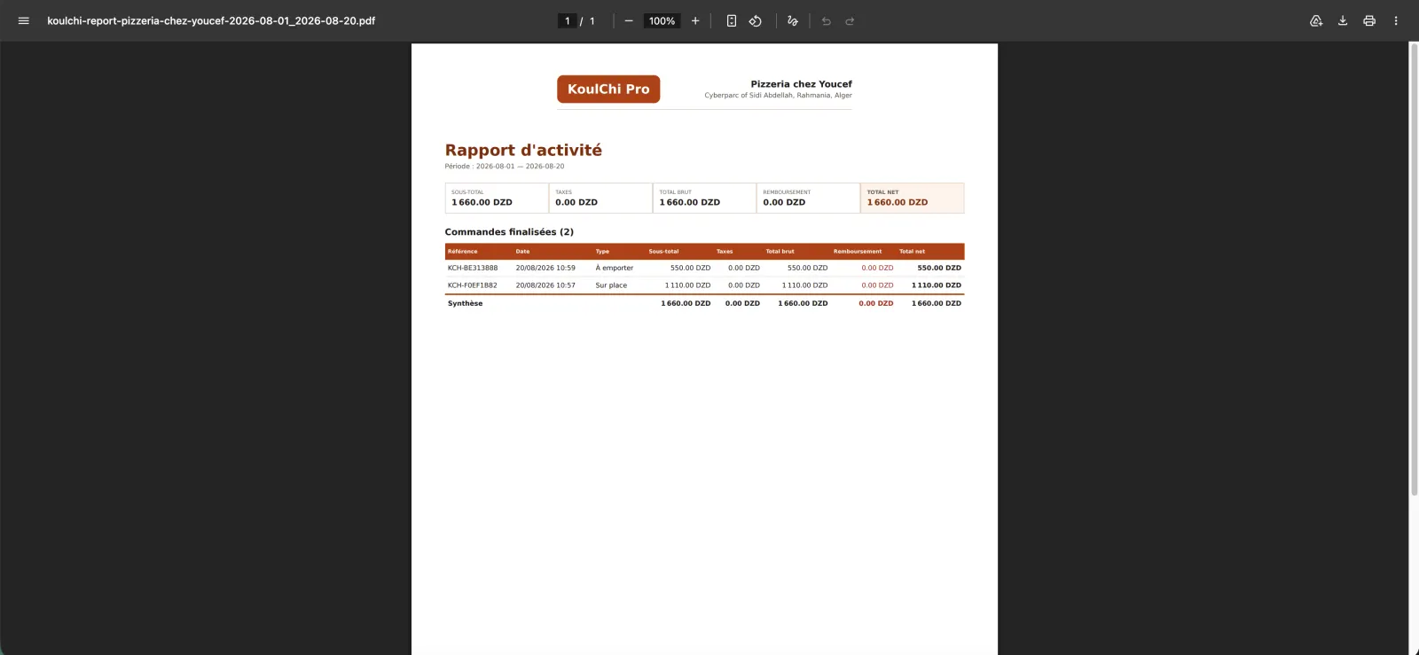 Choisir une période comptable dans l’espace web KoulChi Pro.