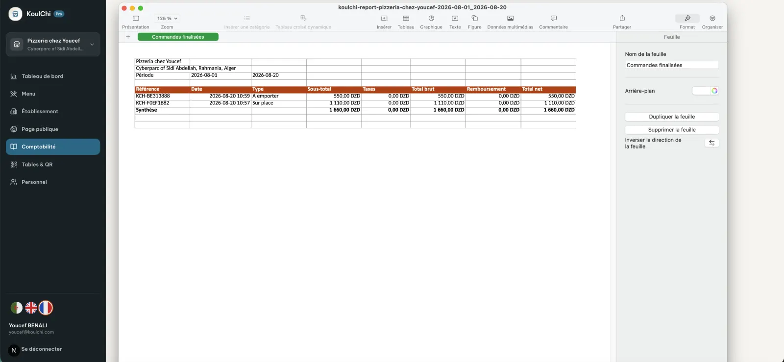 Exporter les données en tableur dans l’espace web KoulChi Pro.