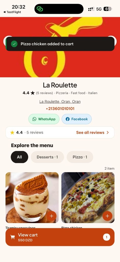 Page restaurant KoulChi — menu, avis et panier